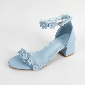 Baby Blue Sandals with Flower and Pearl Appliqués